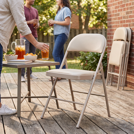 Faux leather padded folding dining chair in rice white, in use