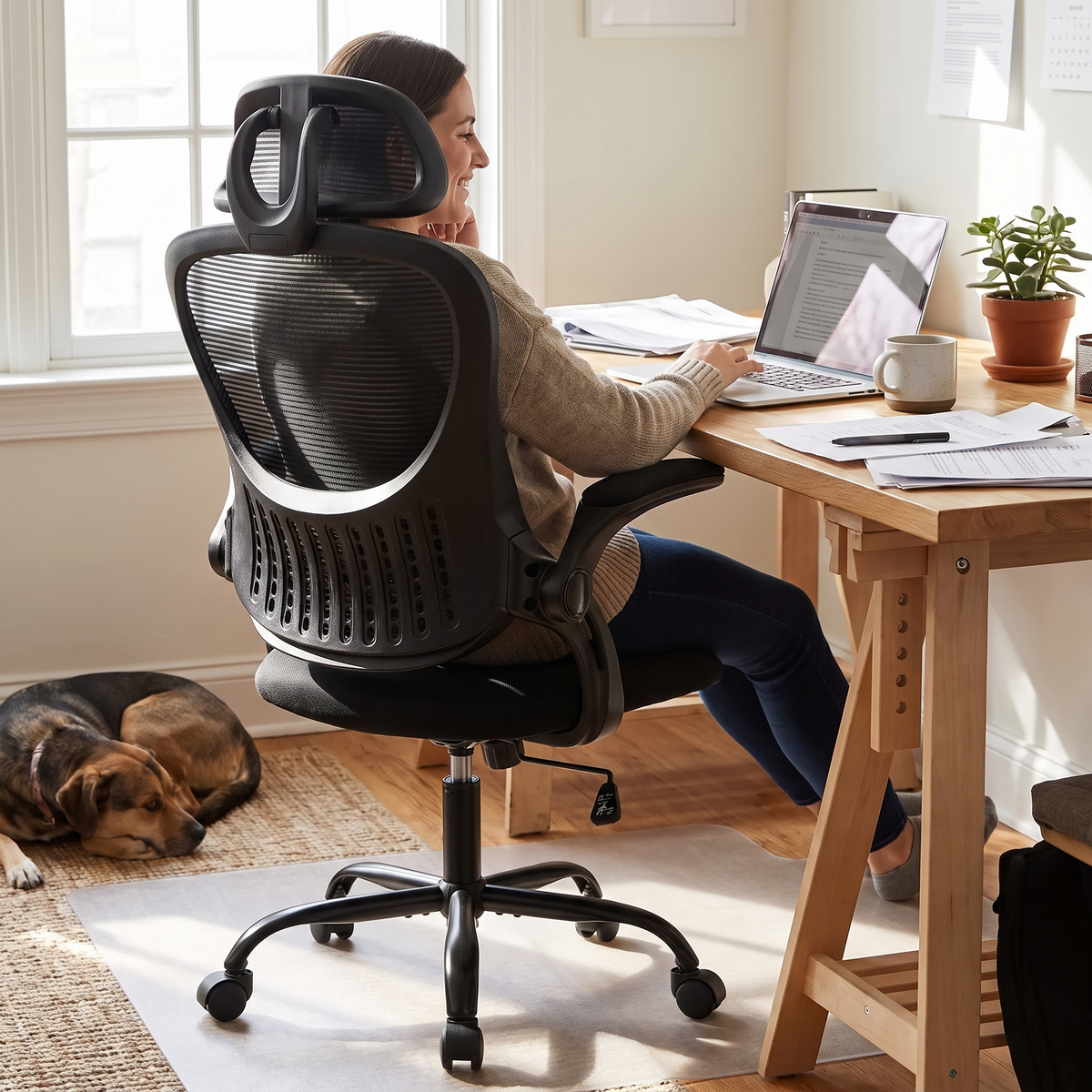 Mesh ergonomic office chair with adjustable headrest in black, in use at a desk