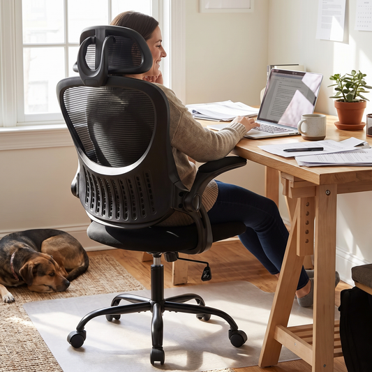 Mesh ergonomic office chair with adjustable headrest in black, in use at a desk