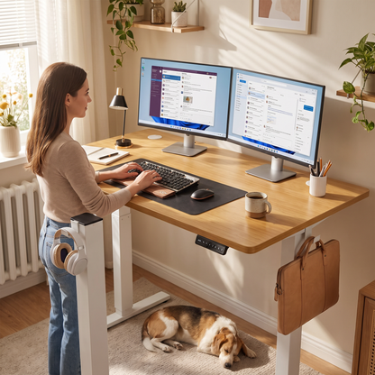 Electric standing desk in bamboo wood, in use in a home office