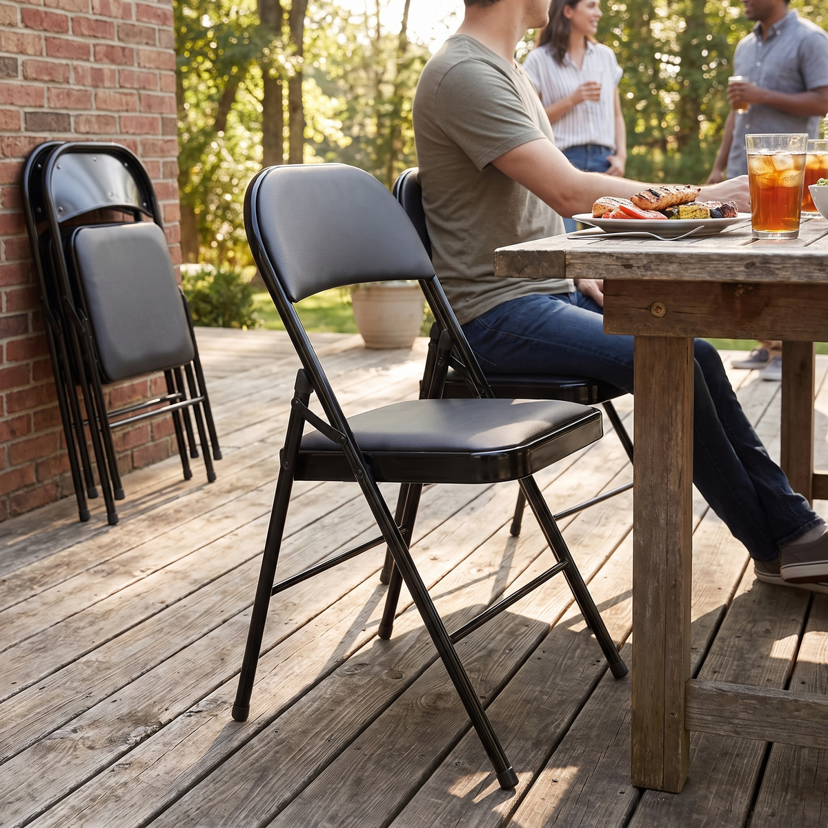 Faux leather padded folding dining chair in black, in use