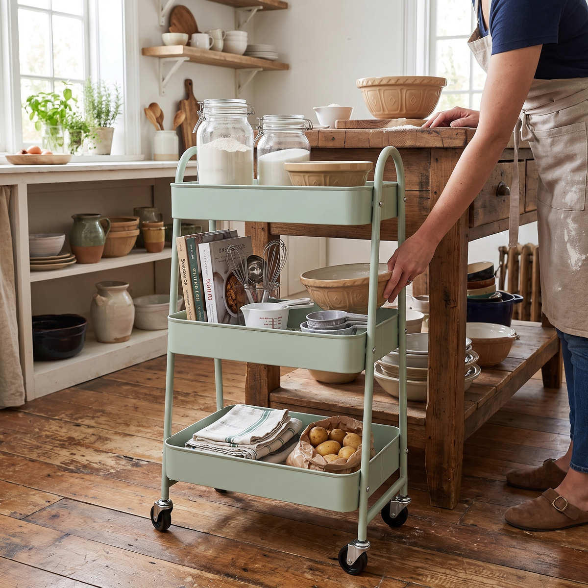 3 tier green metal rolling storage cart in use in a kitchen