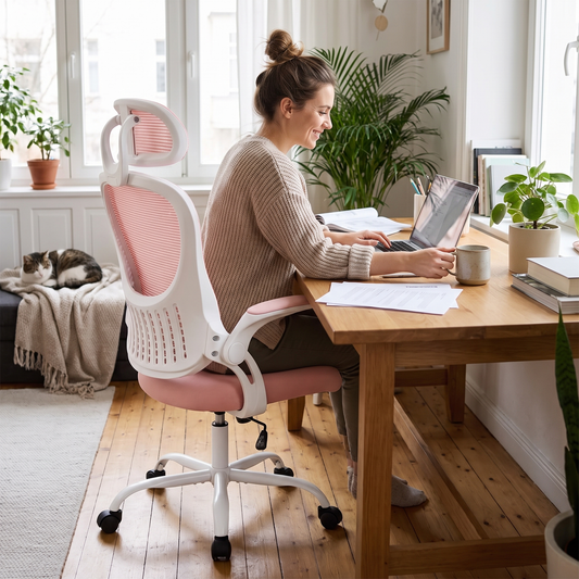 Mesh ergonomic office chair with adjustable headrest in pink, in use at a desk