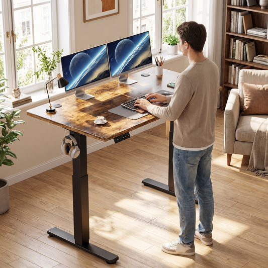 Electric standing desk in antique wood, raised to standing height in a home office