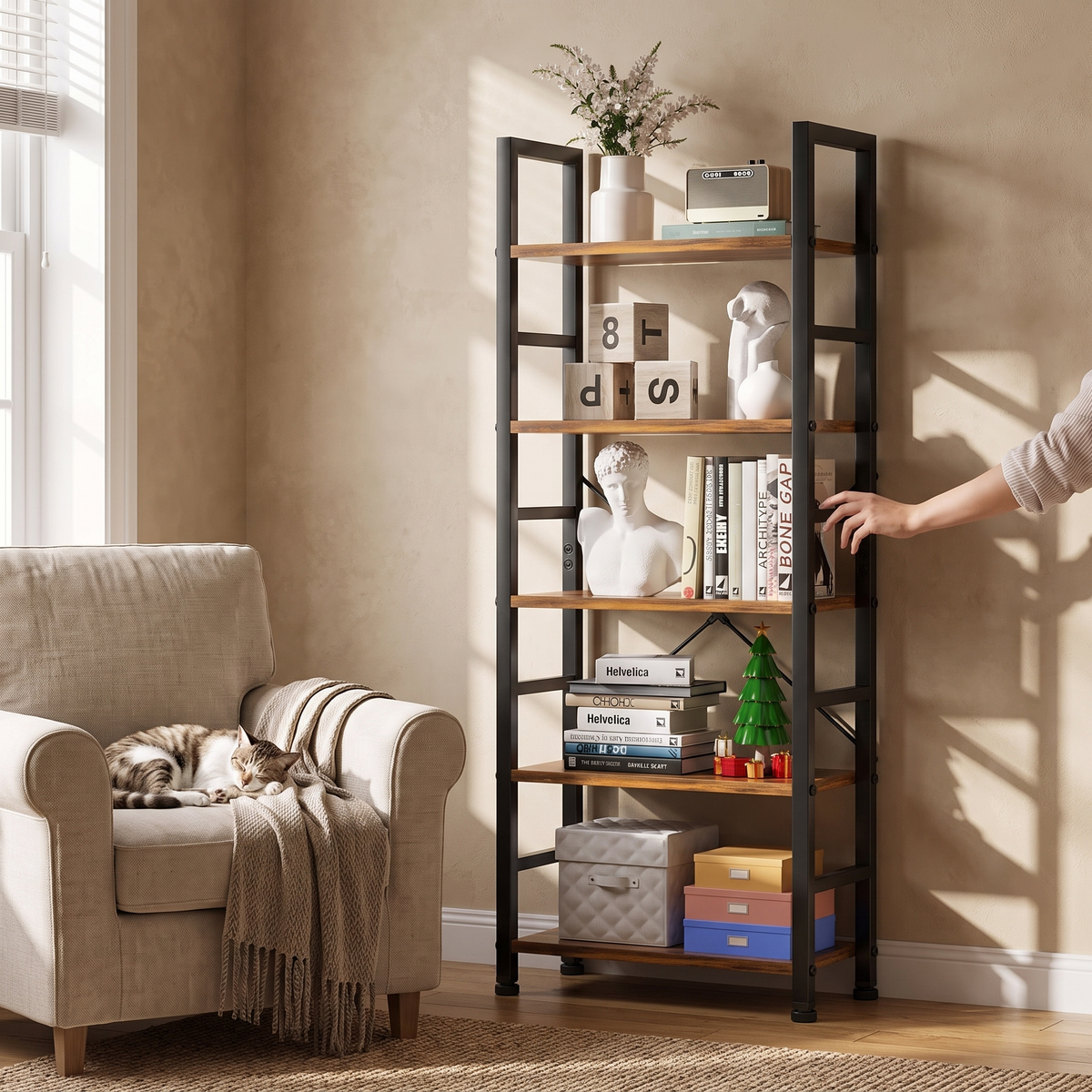 5 tier tall narrow wood and metal bookshelf in brown, in use
