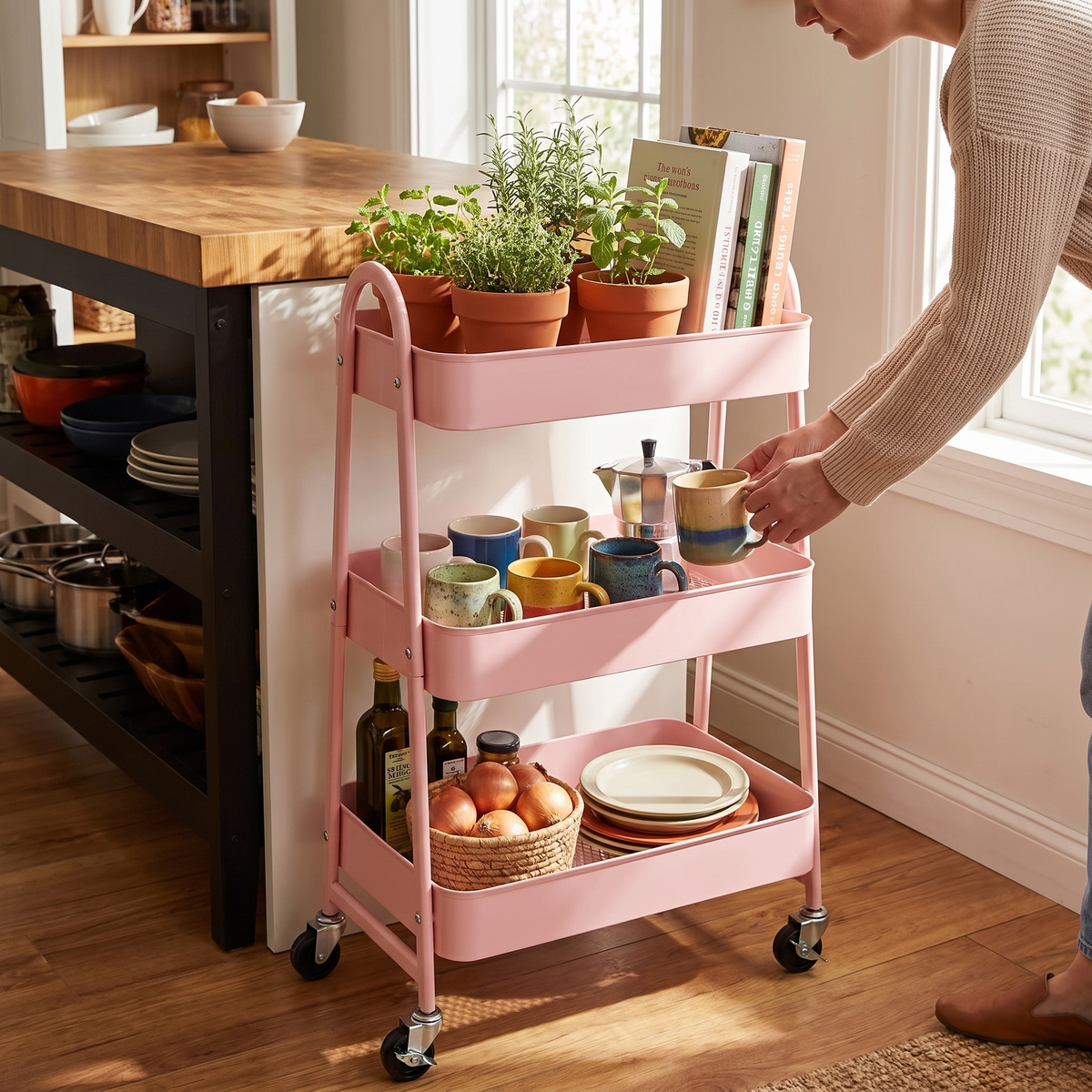 3 tier pink rolling storage cart in use in a kitchen