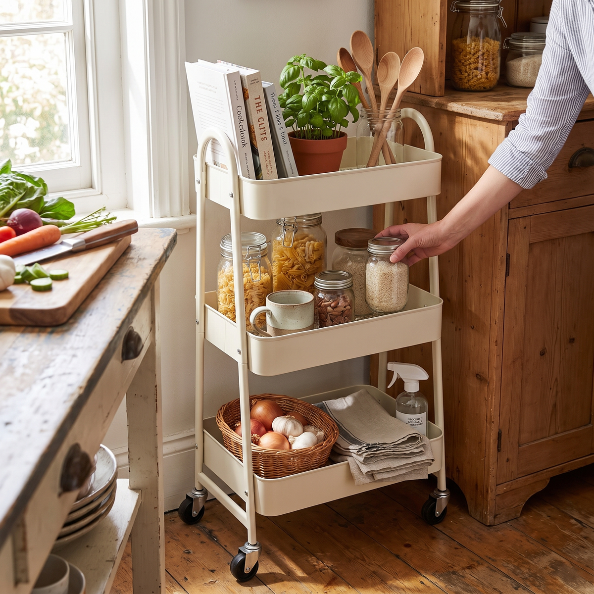 3 tier white rolling storage cart in use in a kitchen