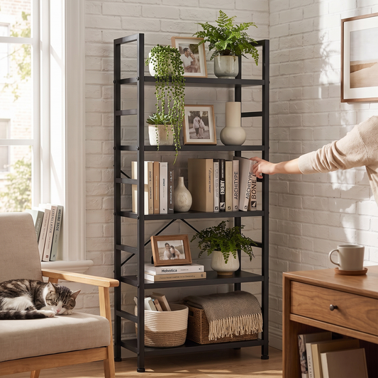 5 tier tall narrow wood and metal bookshelf in black, in use
