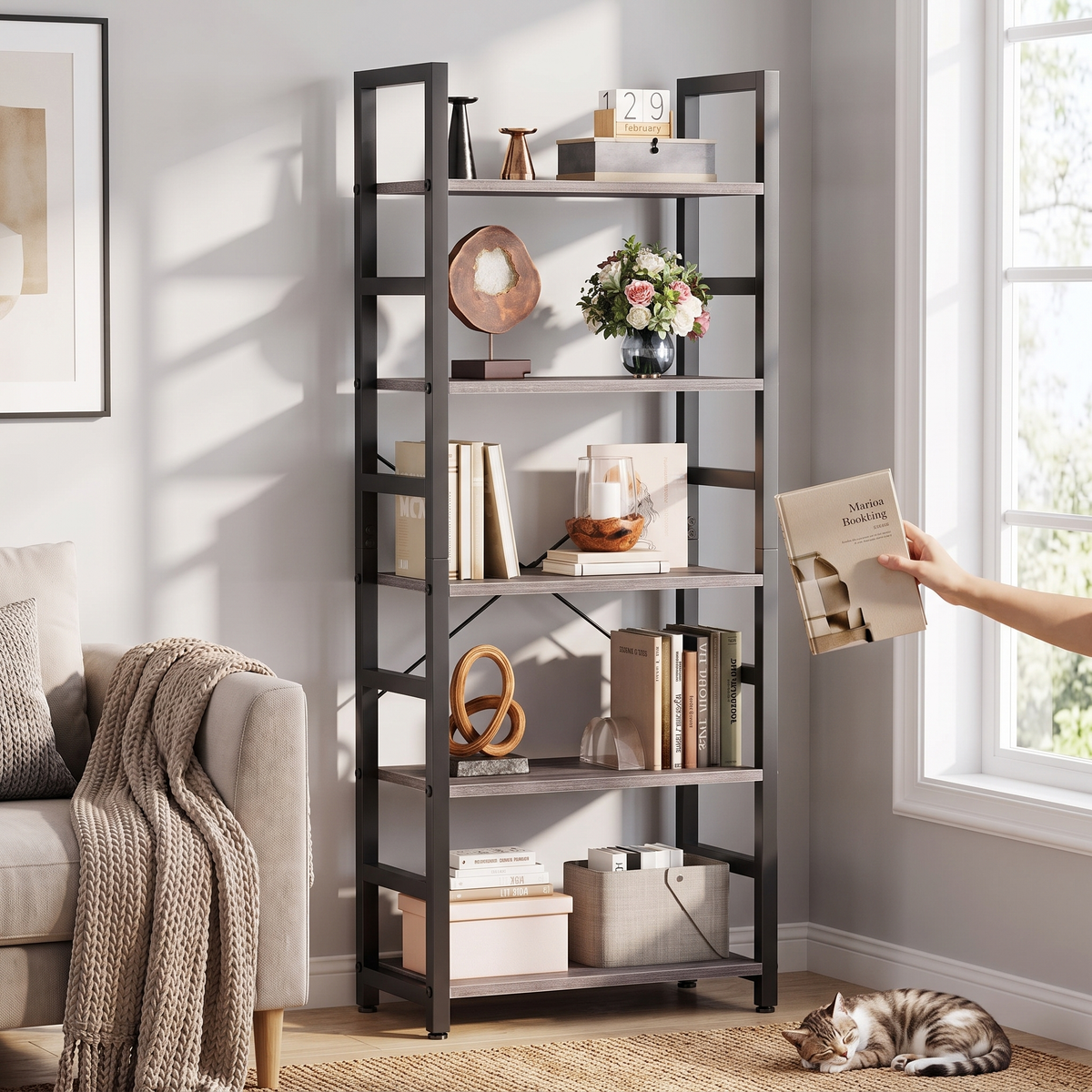 5 tier tall narrow wood and metal bookshelf in gray wood, in use