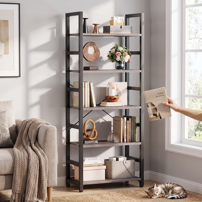 5 tier tall narrow wood and metal bookshelf in gray wood, in use