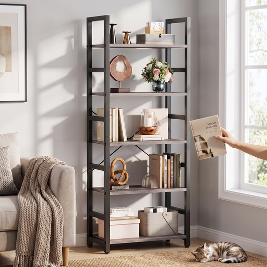 5 tier tall narrow wood and metal bookshelf in gray wood, in use