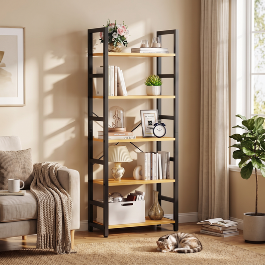 5 tier tall narrow wooden bookshelf in use