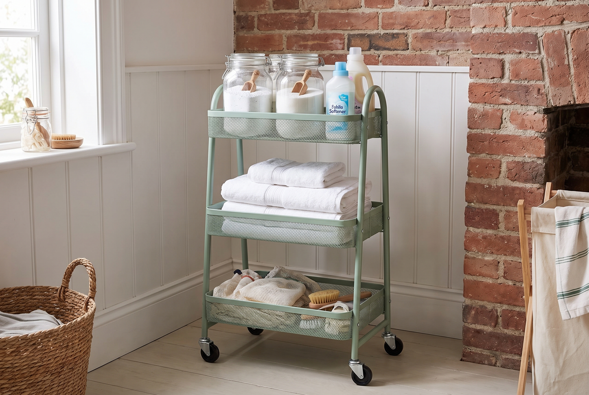 3 tier green metal rolling storage cart in a kitchen, lifestyle photo 3