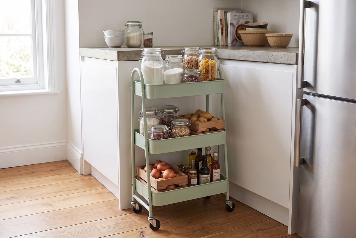 3 tier green metal rolling storage cart in a kitchen, lifestyle photo 1
