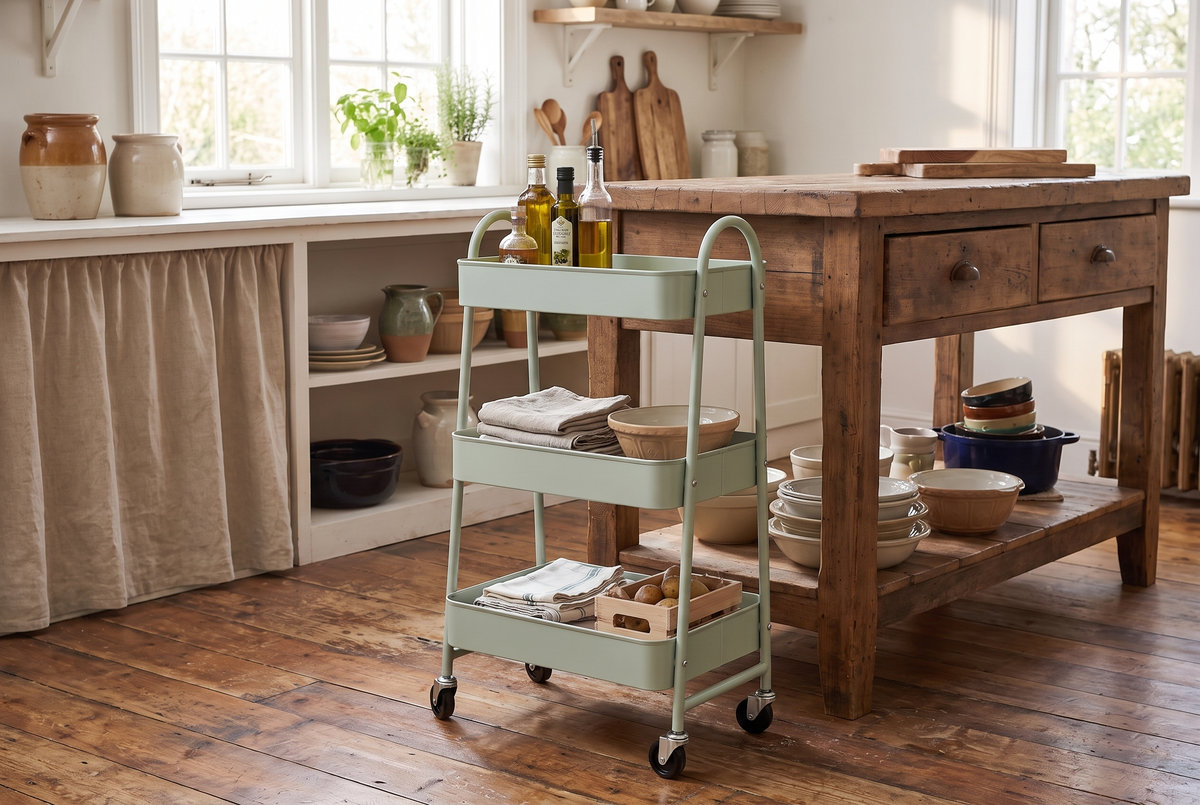 3 tier green metal rolling storage cart in a kitchen, lifestyle photo 2