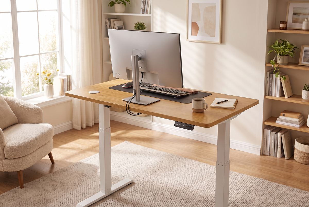Electric Standing Desk Bamboo Wood lifestyle 1