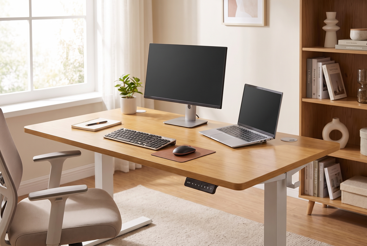 Electric Standing Desk Bamboo Wood lifestyle 3