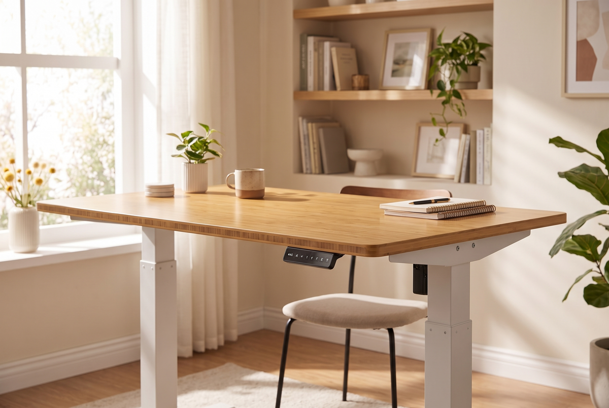 Electric Standing Desk Bamboo Wood lifestyle 2