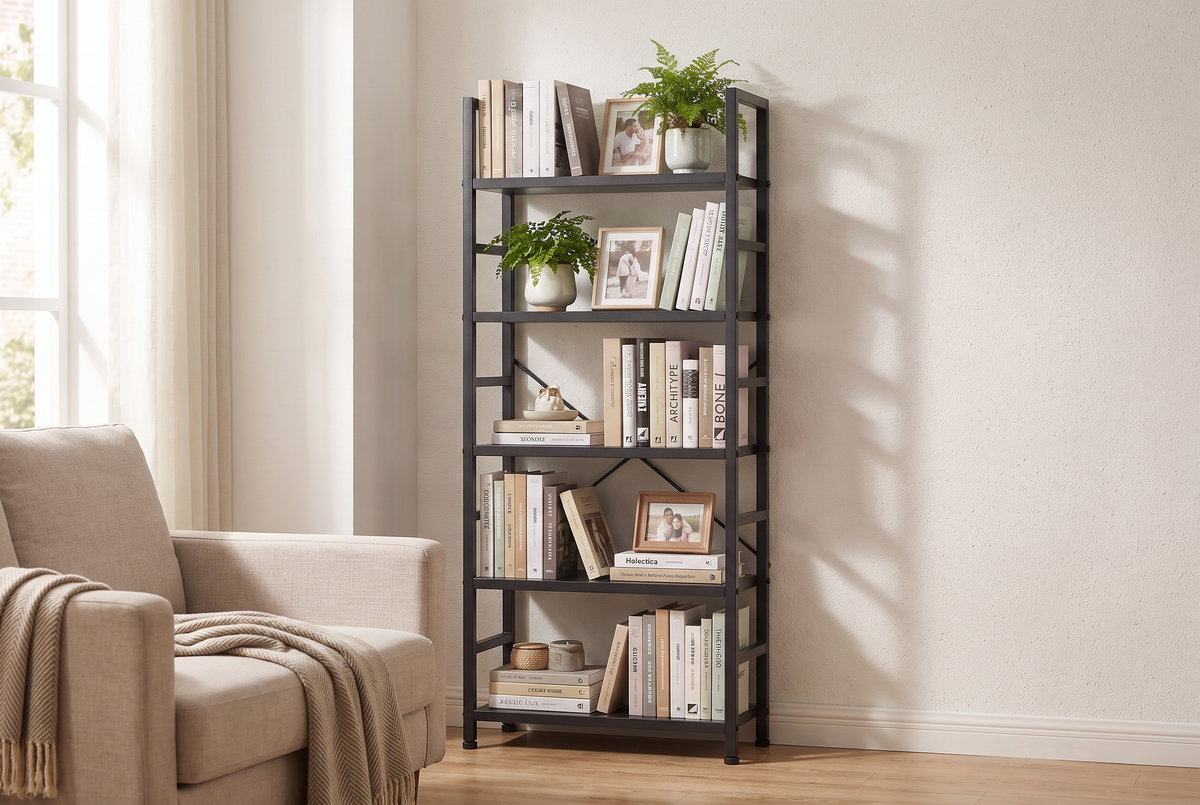 5-Tier Wood Bookshelf Black lifestyle 1