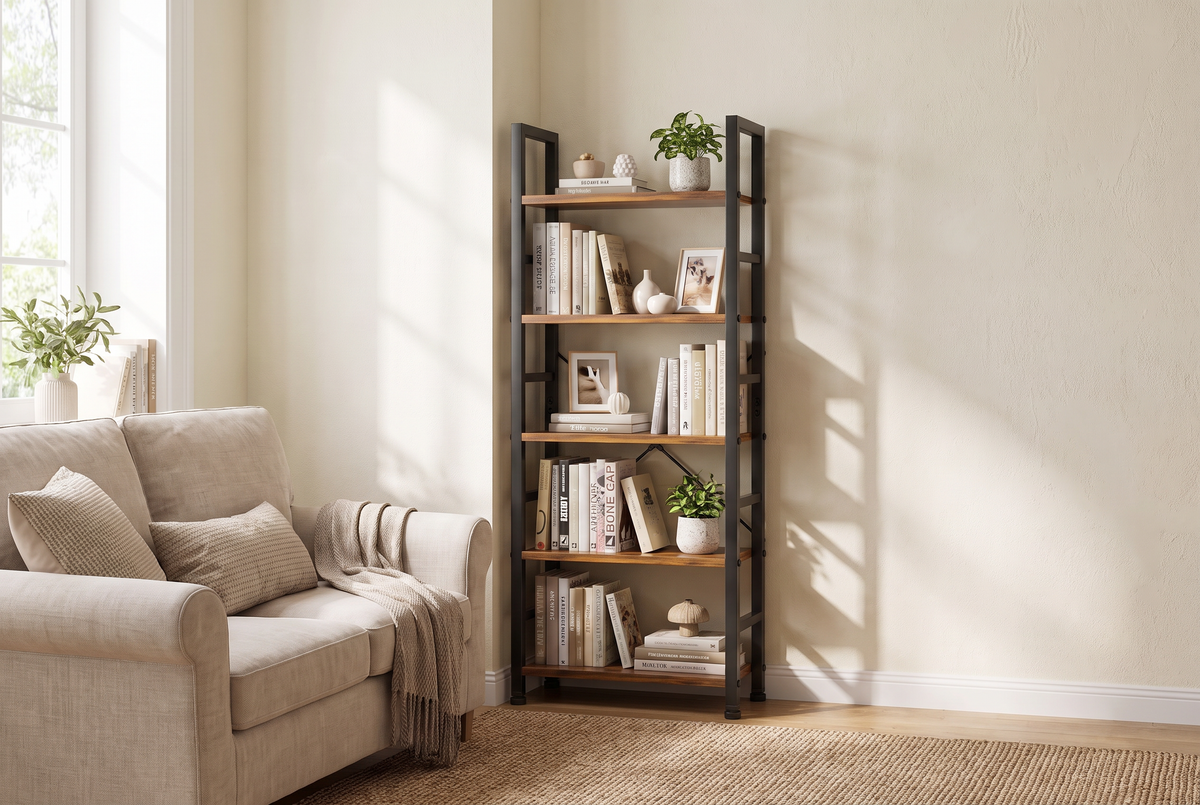 5-Tier Wood Bookshelf Brown lifestyle 1