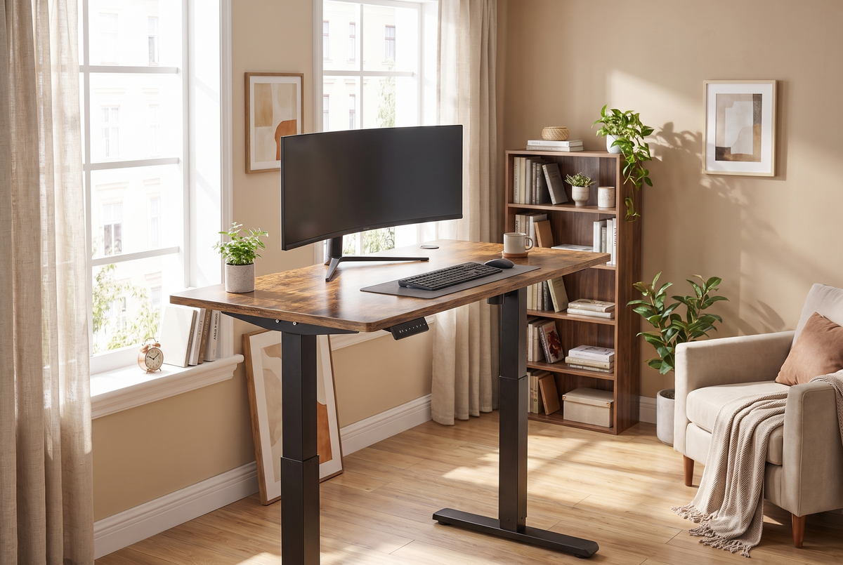Electric Standing Desk Antique Wood lifestyle 1