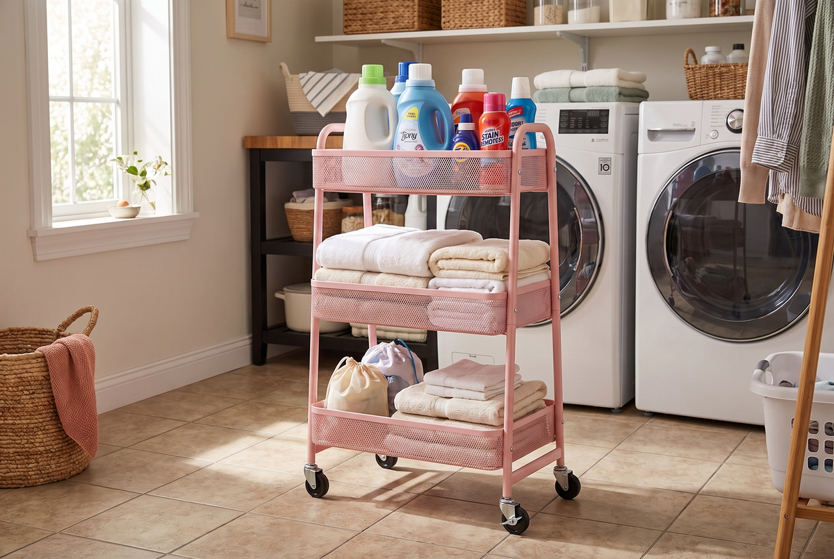 3 tier pink metal rolling storage cart in a kitchen, lifestyle photo 3
