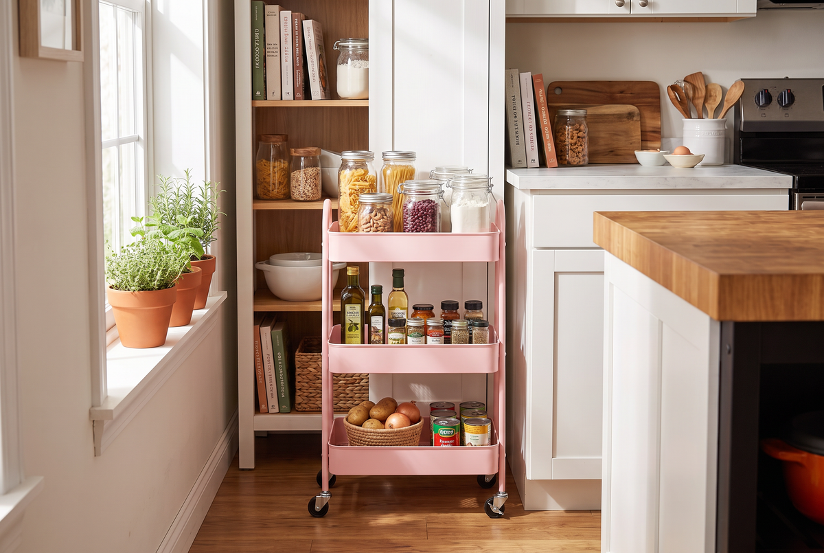 3 tier pink metal rolling storage cart in a kitchen, lifestyle photo 1