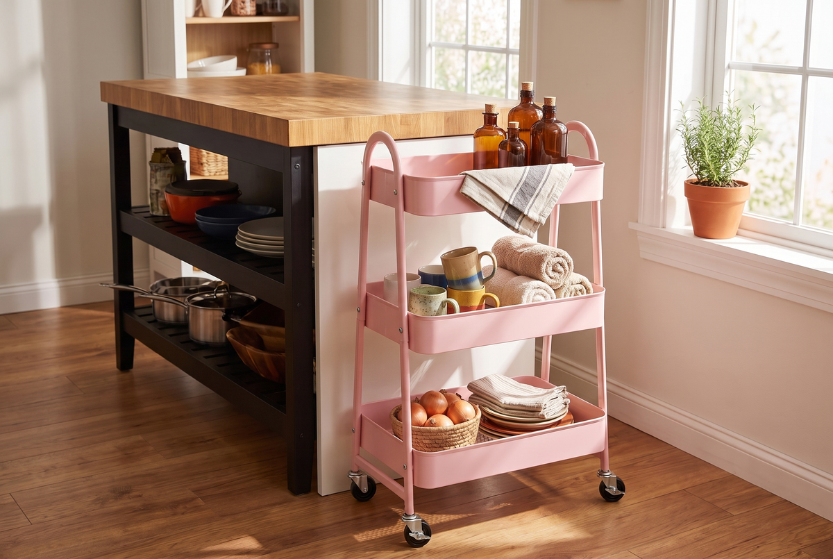3 tier pink metal rolling storage cart in a kitchen, lifestyle photo 2