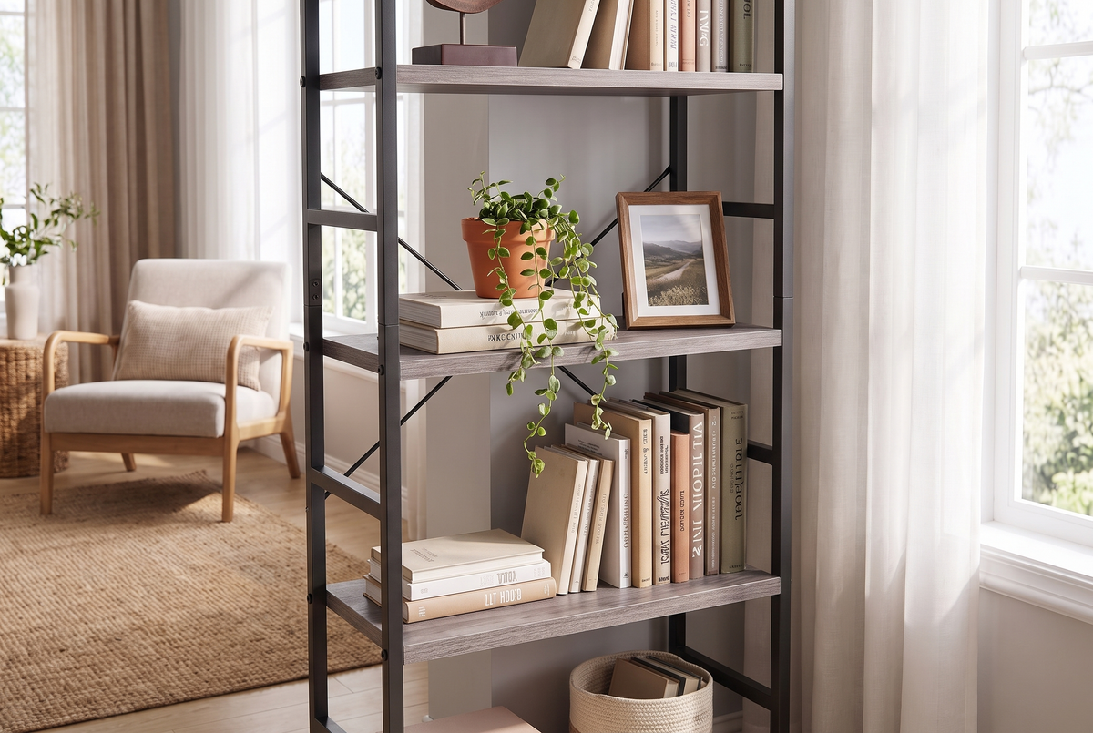 5-Tier Wood Bookshelf Gray Wood lifestyle 3