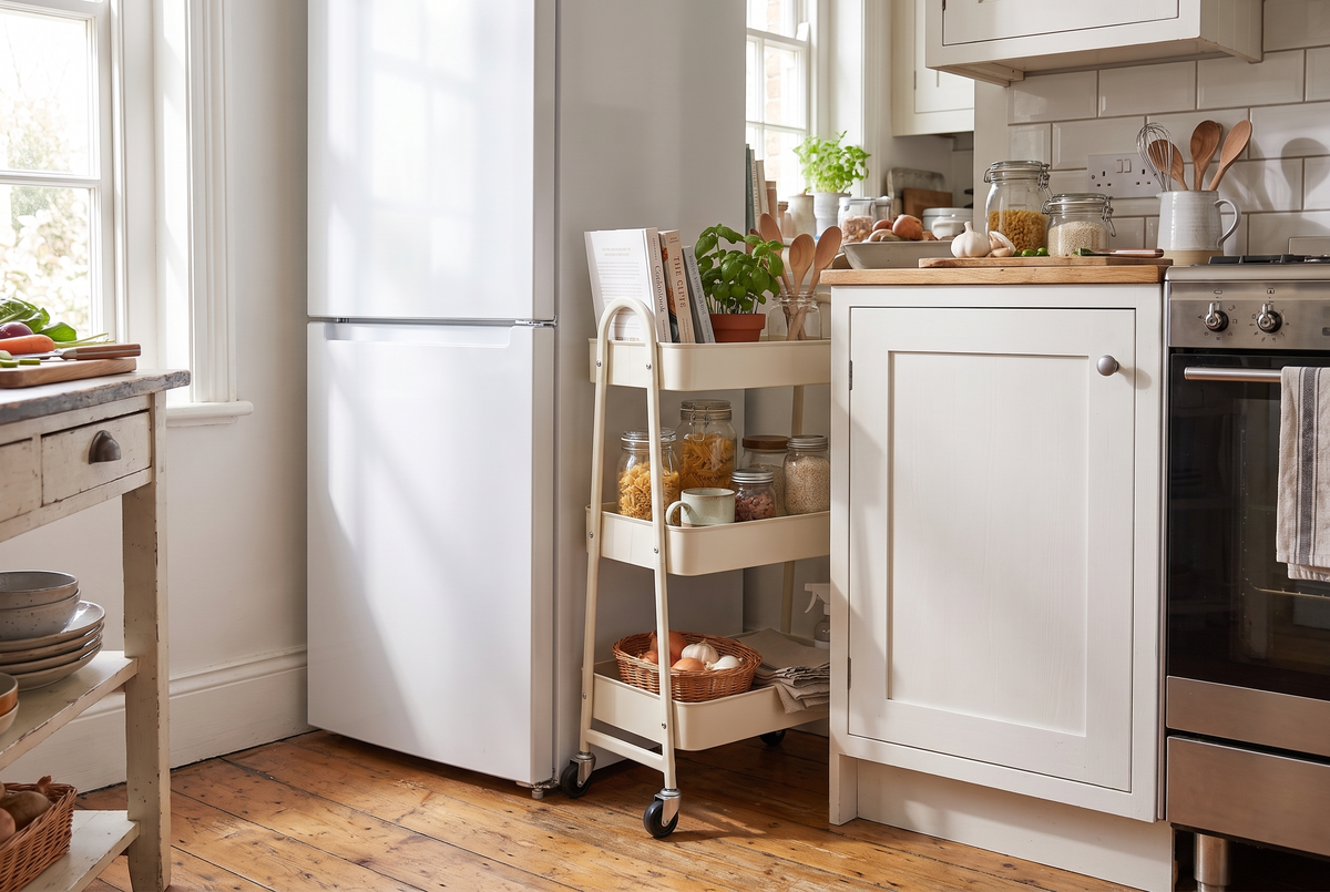3 tier white metal rolling storage cart in a kitchen, lifestyle photo 1
