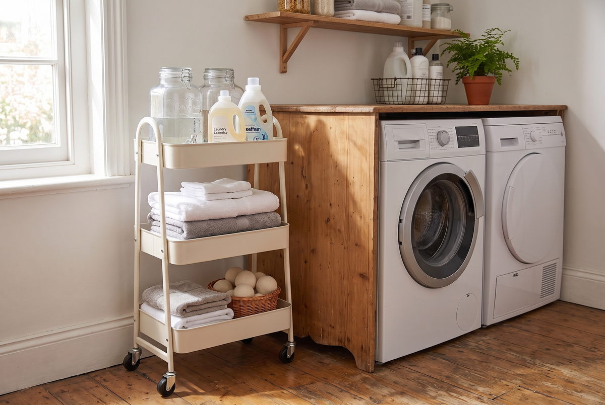 3 tier white metal rolling storage cart in a kitchen, lifestyle photo 3