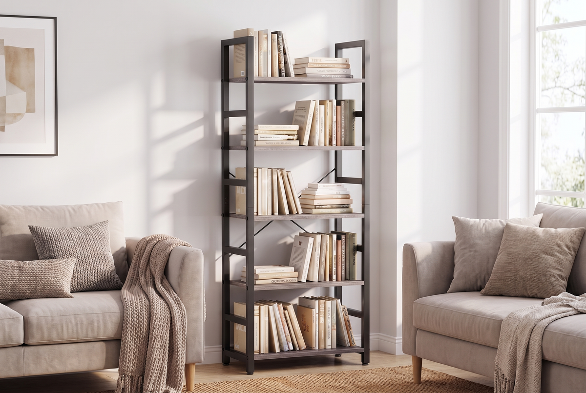 5-Tier Wood Bookshelf Gray Wood lifestyle 1