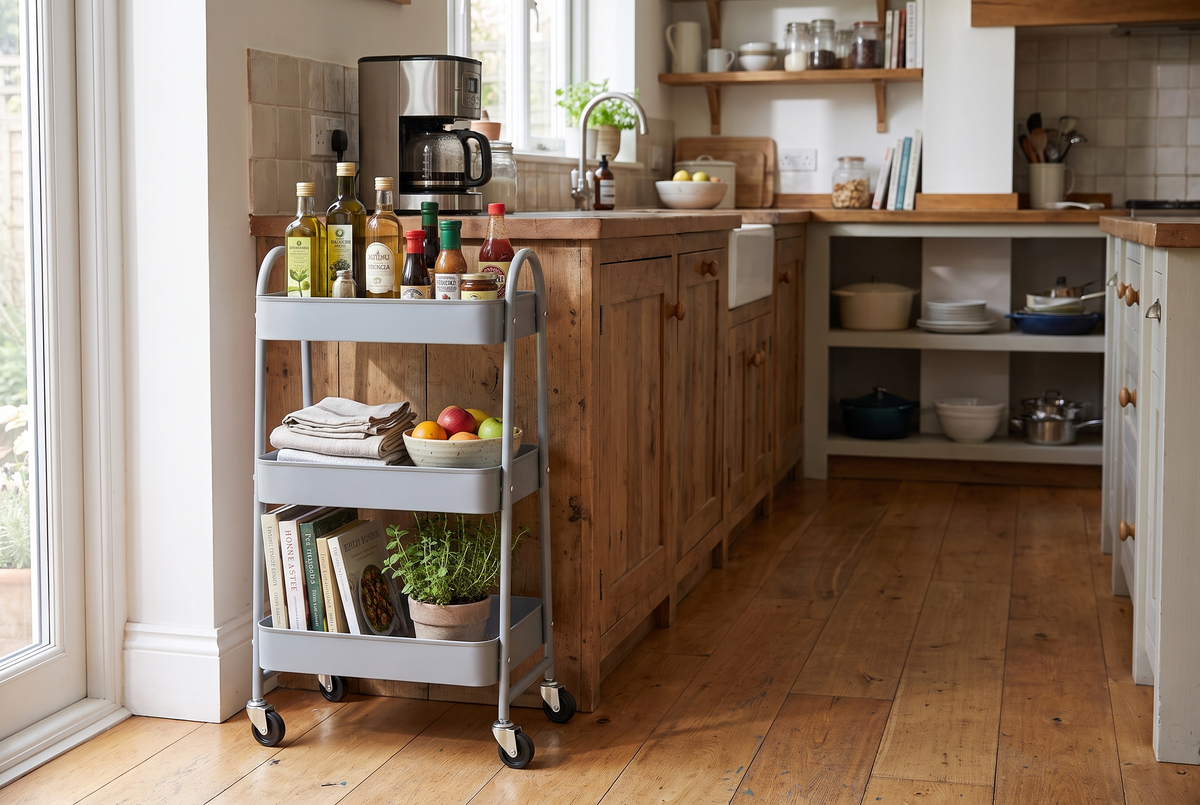 3 tier gray metal rolling storage cart in a kitchen, lifestyle photo 2