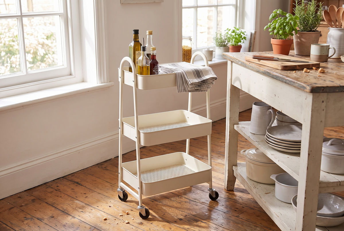 3 tier white metal rolling storage cart in a kitchen, lifestyle photo 2