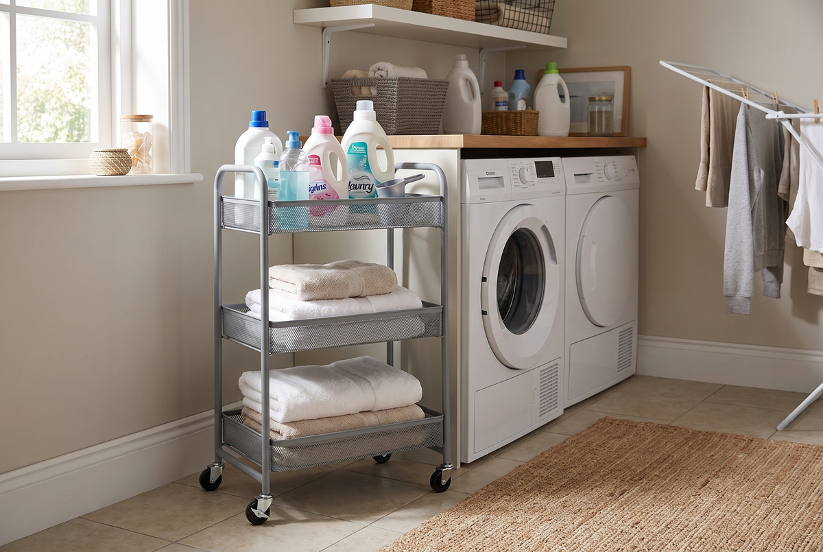 3 tier gray metal rolling storage cart in a kitchen, lifestyle photo 3