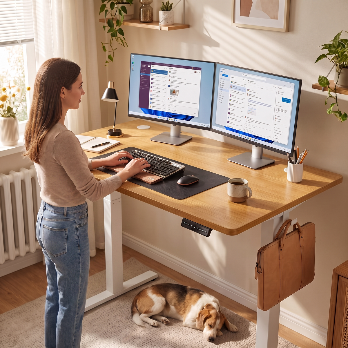 Electric Standing Desk in Bamboo Wood, raised to standing height in a home office