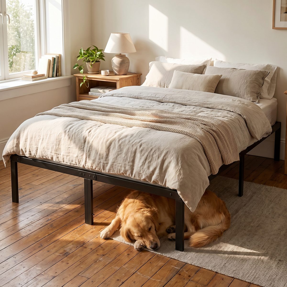 Metal Platform Bed Frame - 14in Steel Slat Base (Queen) in use