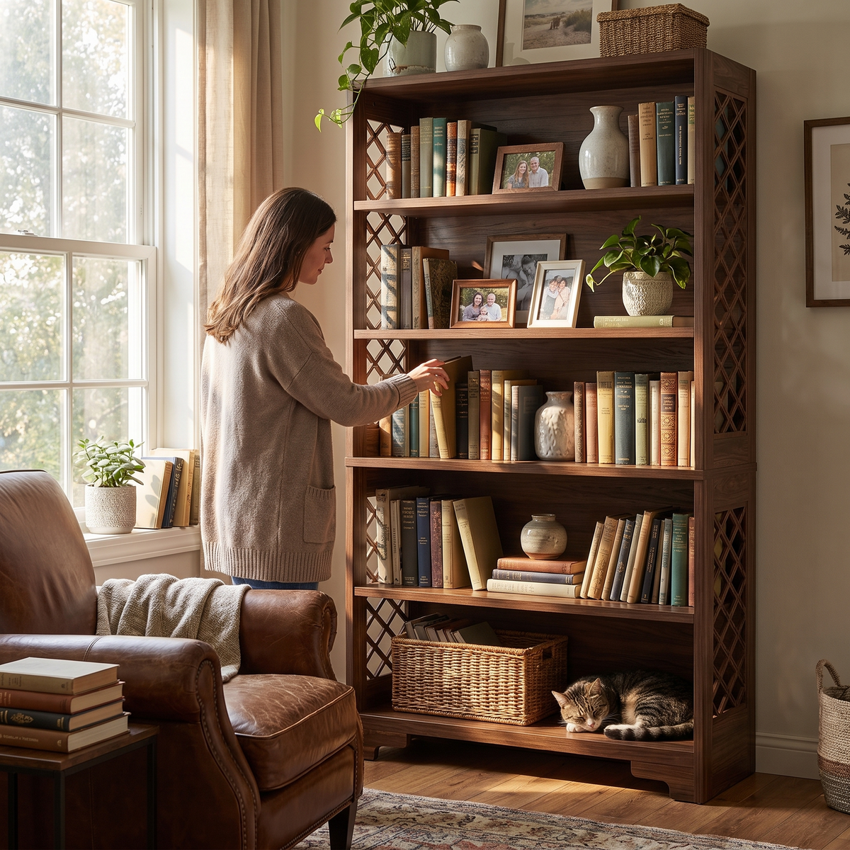 Industrial Bookshelf - 71in X-Frame Bookcase (Brown 02) in use