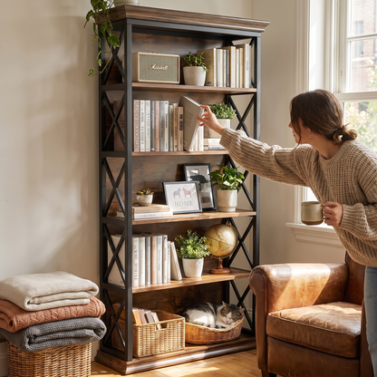 Industrial Bookshelf - 71in X-Frame Bookcase (Brown 01) in use