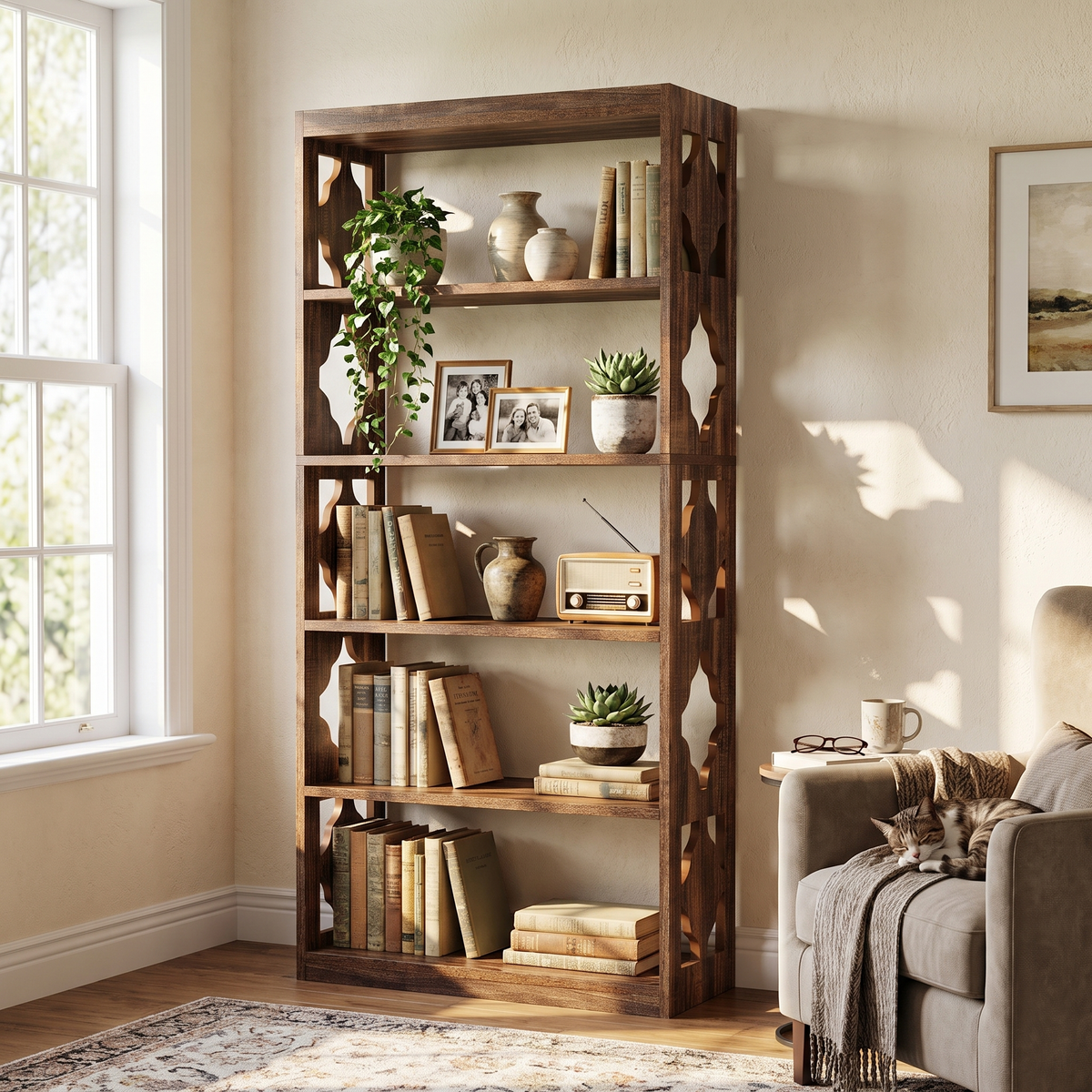 Industrial Bookshelf - 71in X-Frame Bookcase (Brown 03) in use