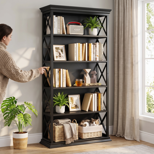 Industrial Bookshelf - 71in X-Frame Bookcase (Black 01) in use
