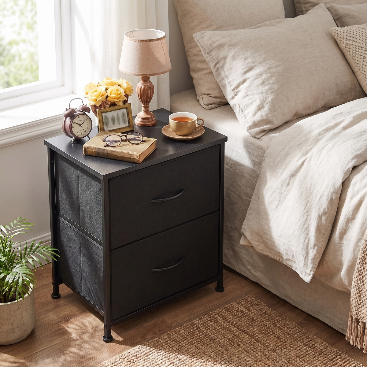 2-Drawer Nightstand - Fabric Drawer Bedside Table (Black) in use