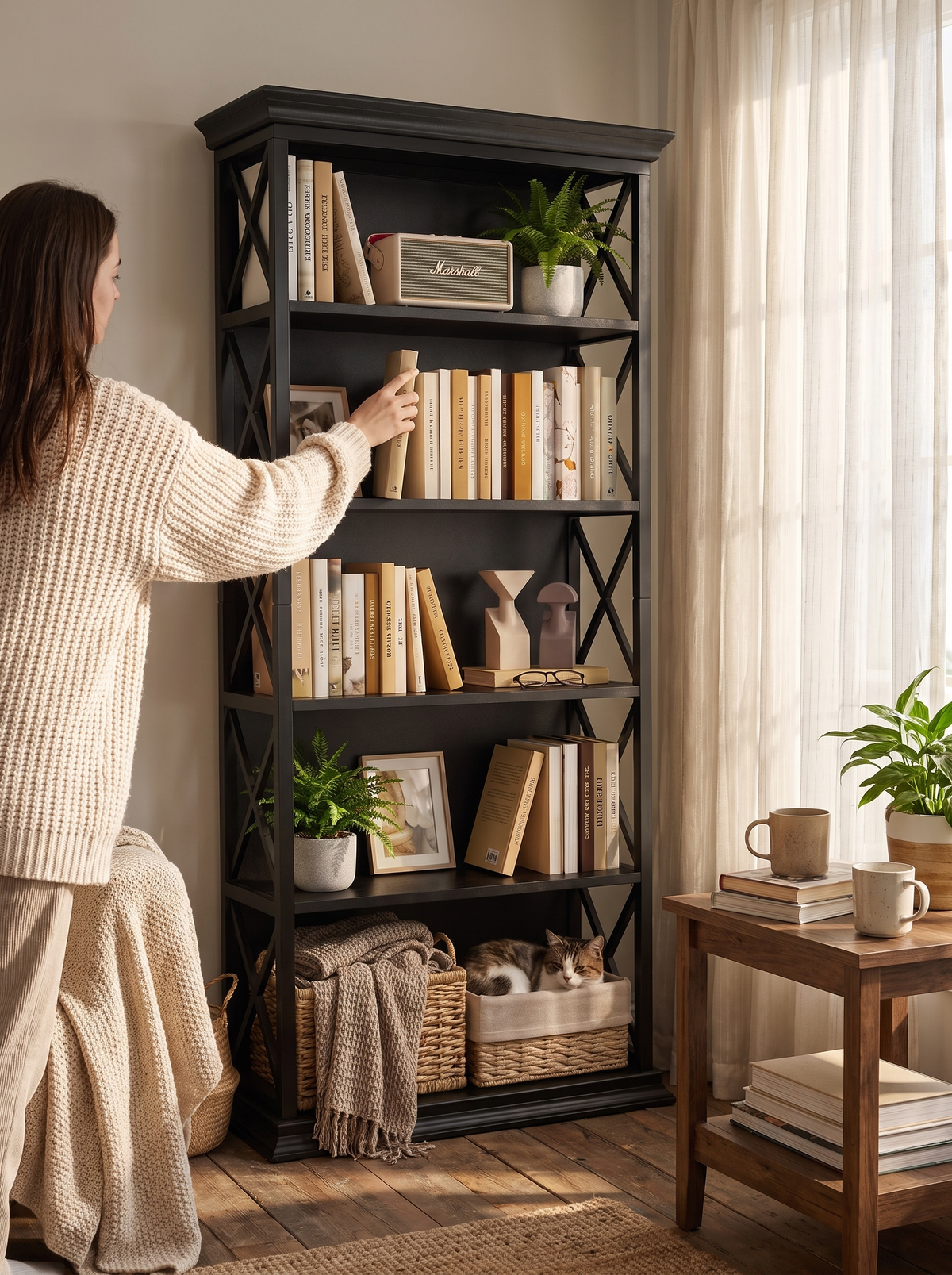 industrial-bookshelf-71in-x-frame-bookcase-black-01 lifestyle 3