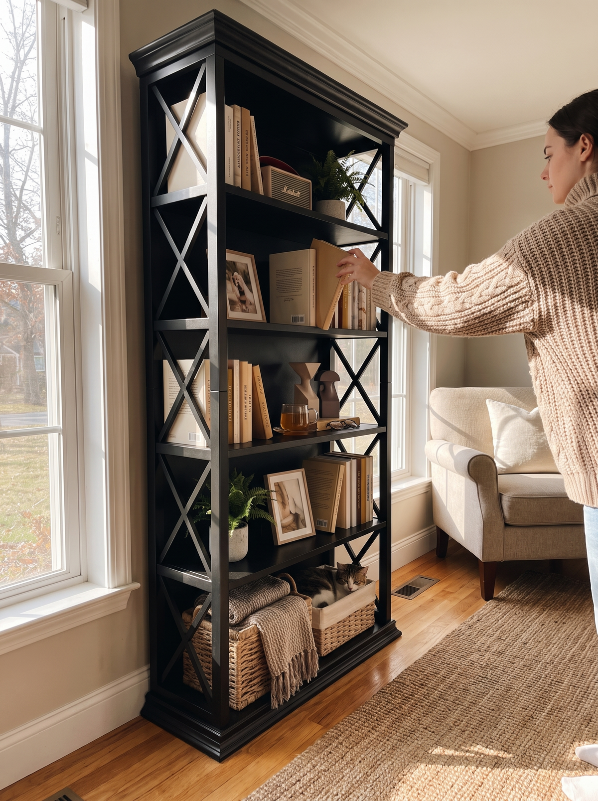 industrial-bookshelf-71in-x-frame-bookcase-black-01 lifestyle 2