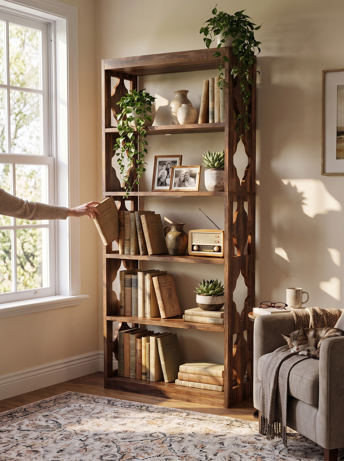 industrial-bookshelf-71in-x-frame-bookcase-brown-03 lifestyle 1