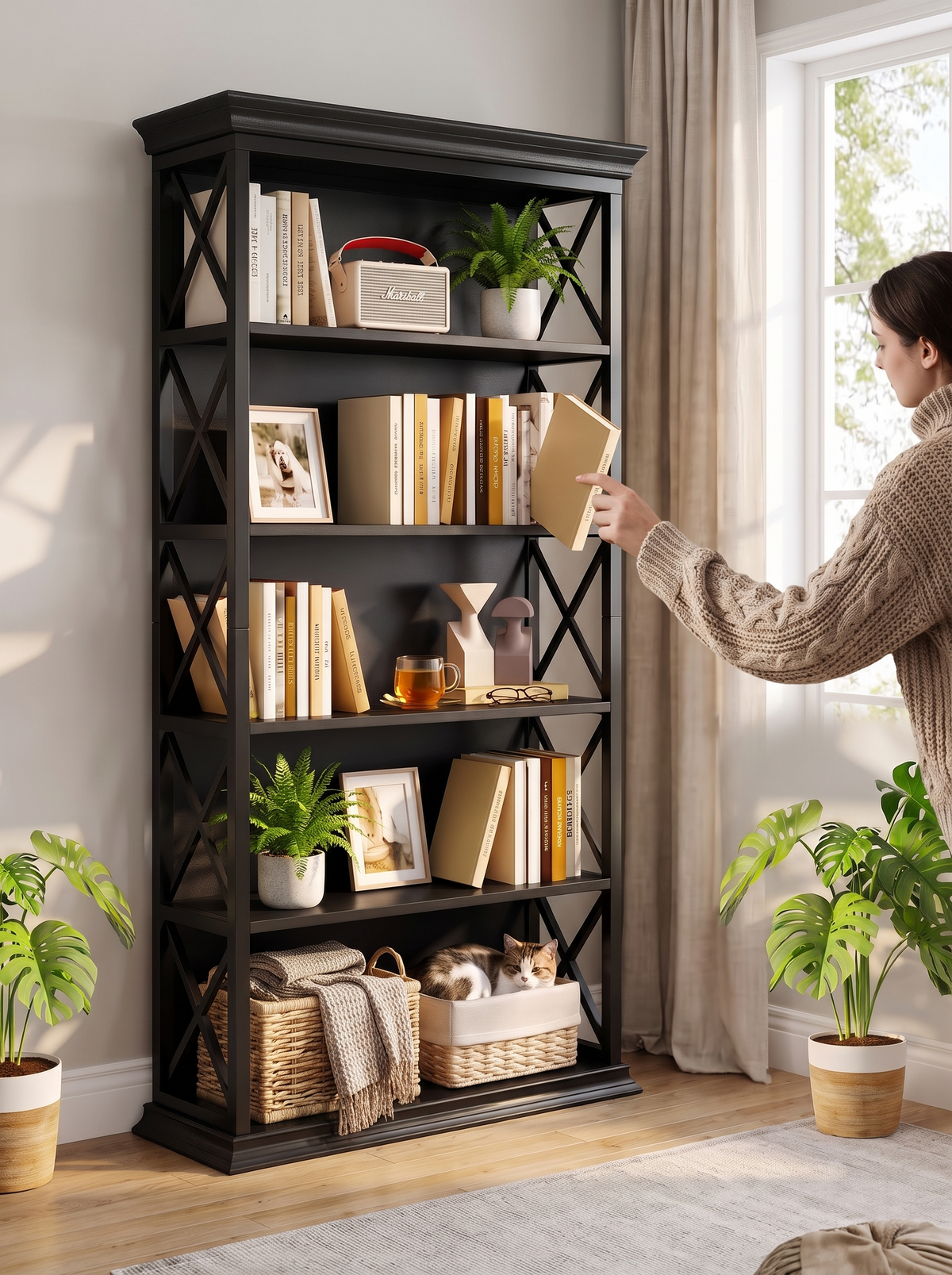 industrial-bookshelf-71in-x-frame-bookcase-black-01 lifestyle 1