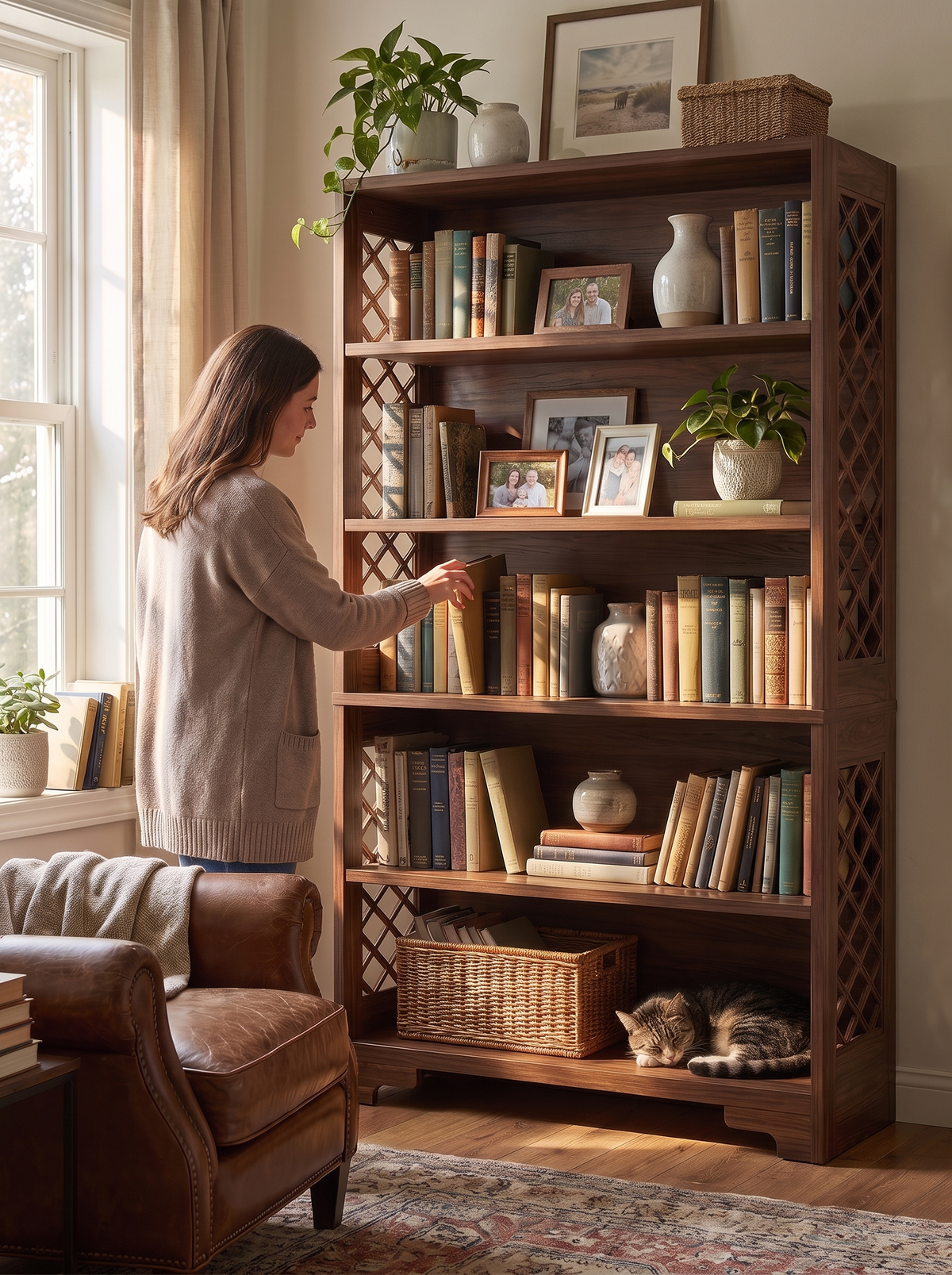 industrial-bookshelf-71in-x-frame-bookcase-brown-02 lifestyle 1