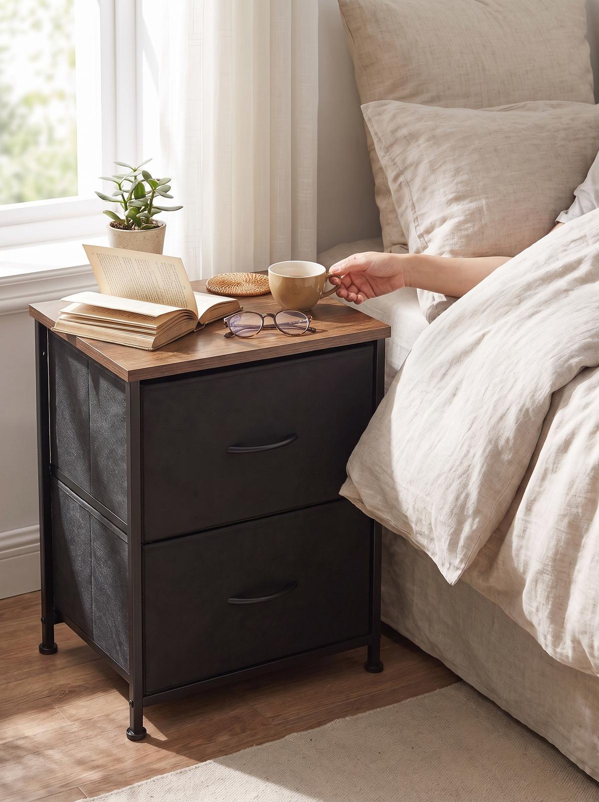 2-drawer-nightstand-fabric-drawer-bedside-table-black lifestyle 1