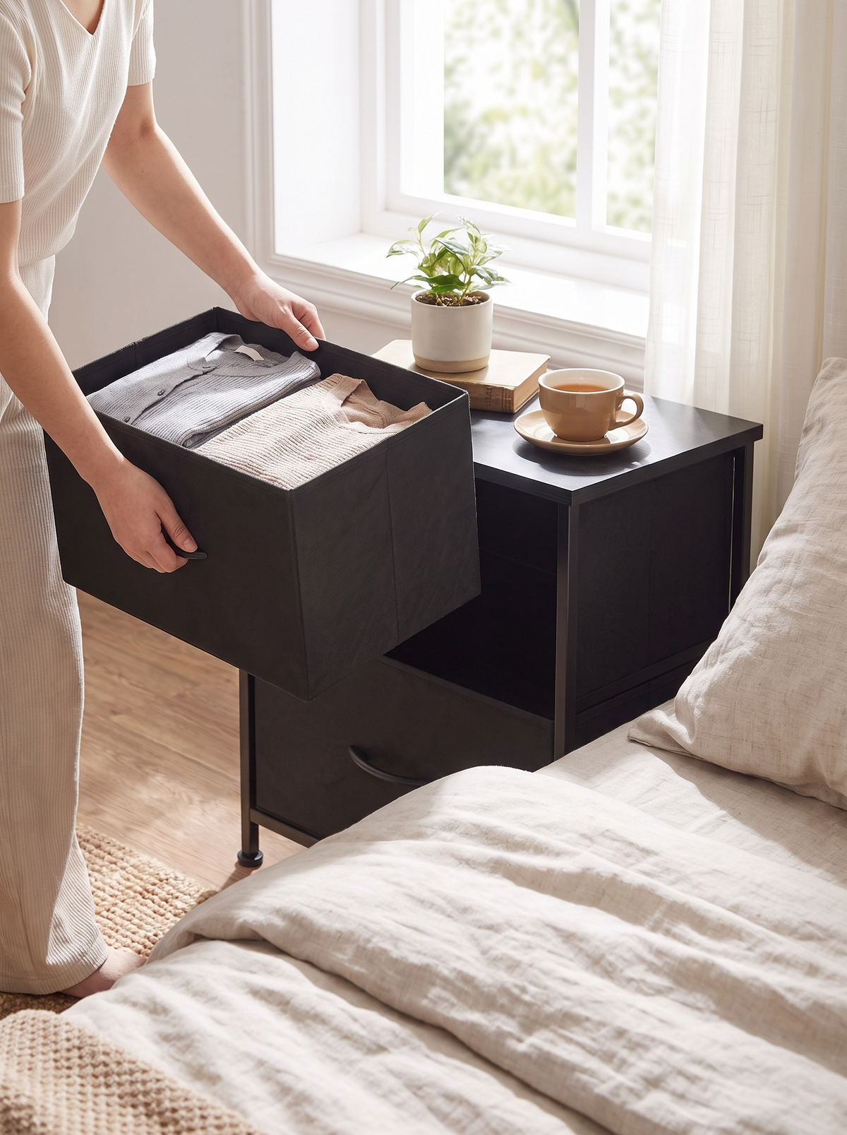 2-drawer-nightstand-fabric-drawer-bedside-table-black lifestyle 2