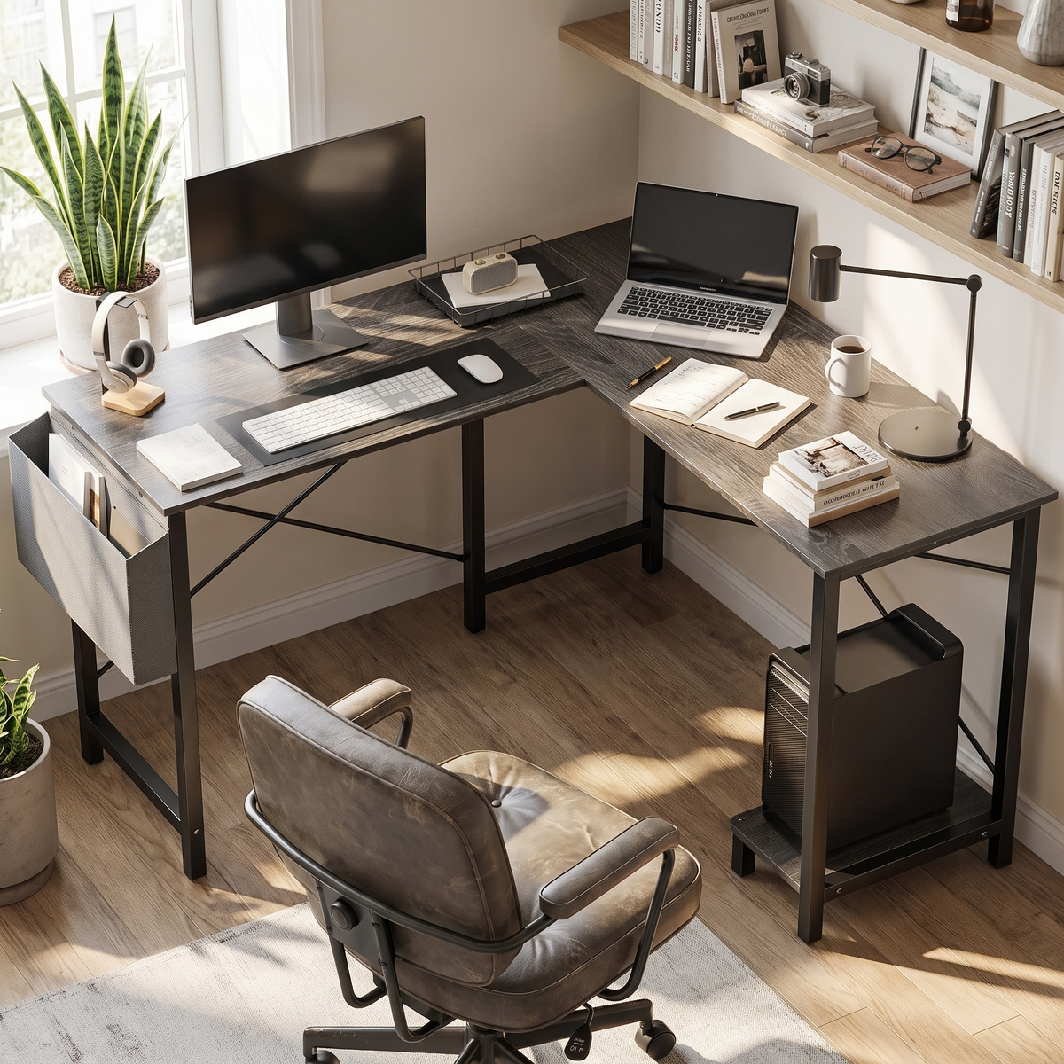 L Shaped Gaming Desk - Corner Workstation (Gray Wood) in a home office